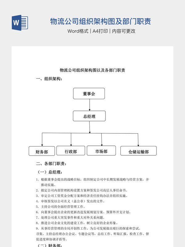 物流公司组织架构图及部门职责