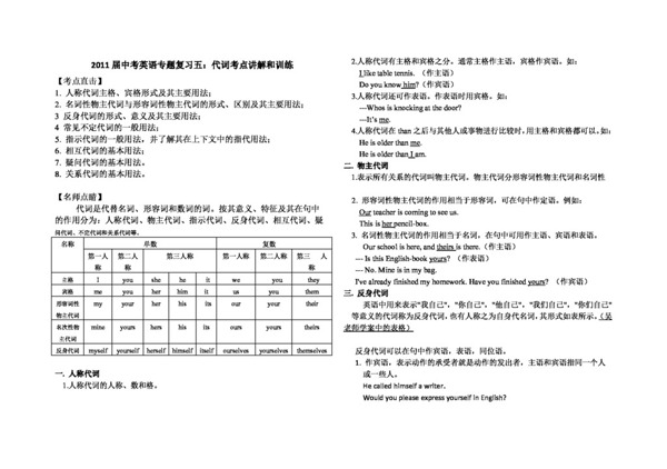 英語新目標(biāo)版中考英語專項(xiàng)代詞考點(diǎn)講解和訓(xùn)練
