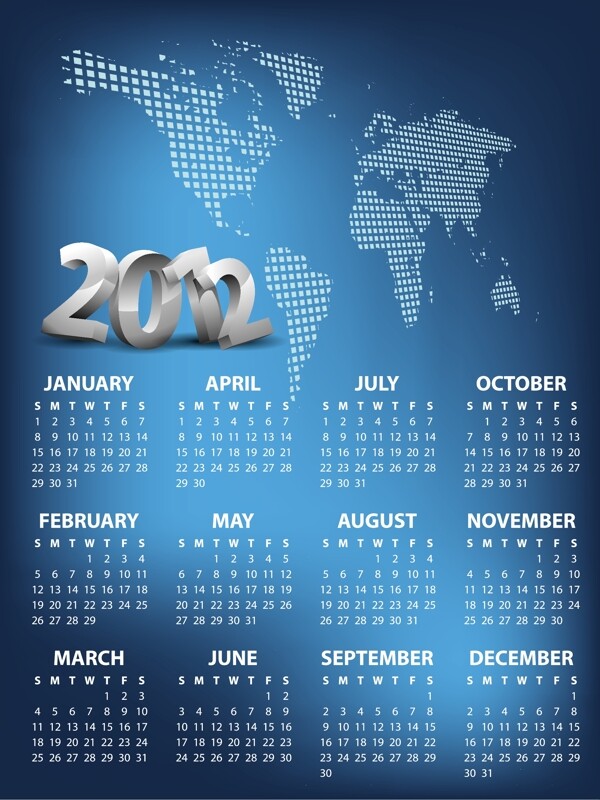 2012年蓝色背景日历