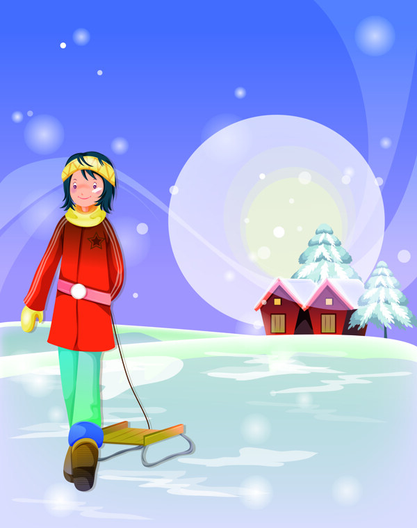卡通女孩雪夜滑雪移门图片