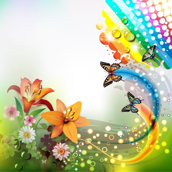 五颜六色的花朵和蝴蝶的背景矢量03