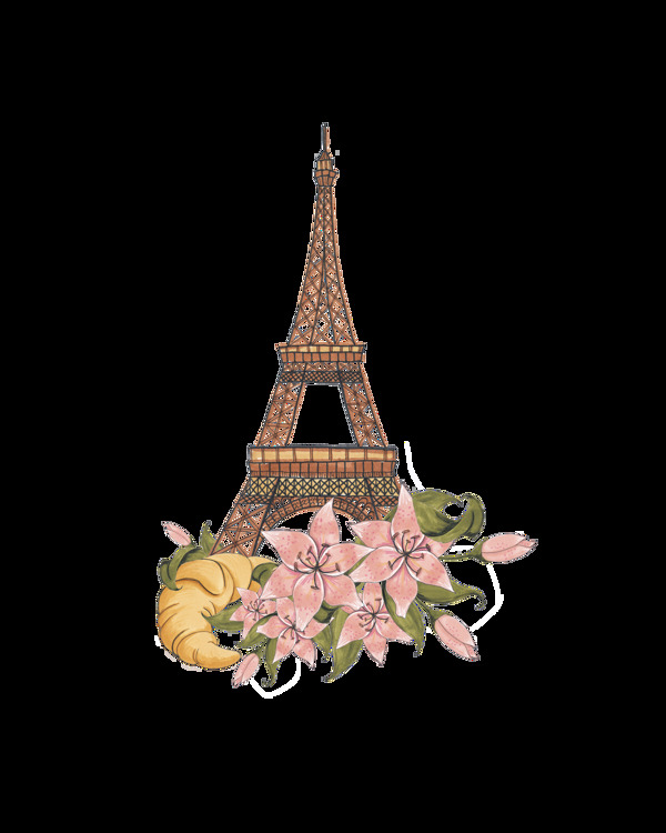 手绘巴黎铁下下的花朵png透明素材