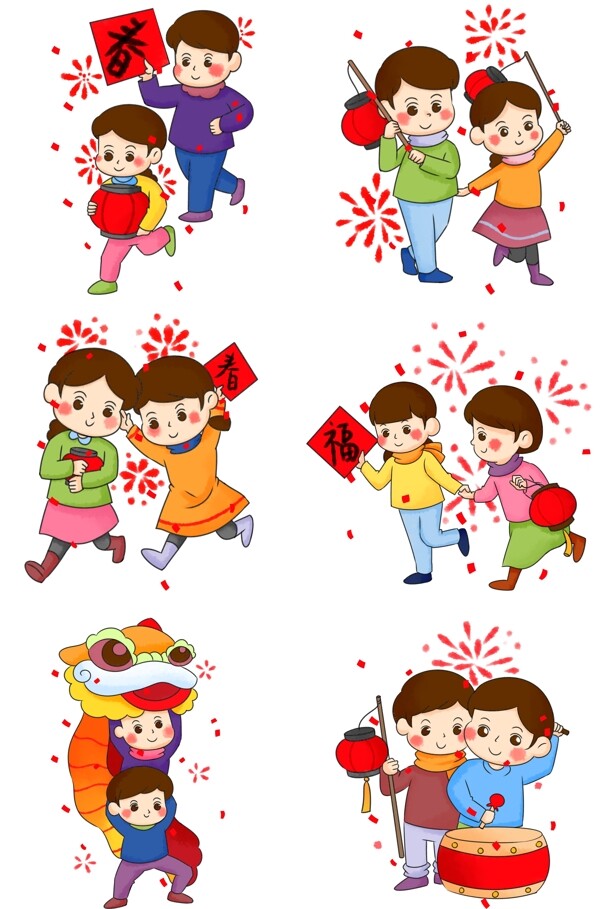 节日春节放鞭炮卡通人物插画