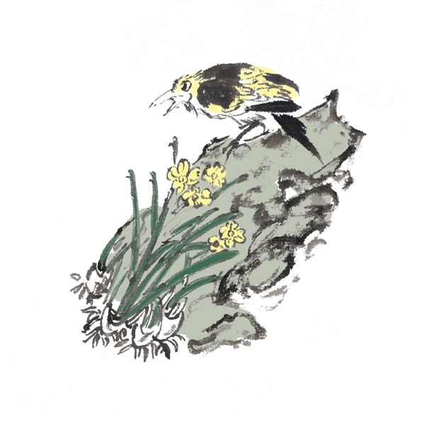一只黄鹂花鸟水墨手绘