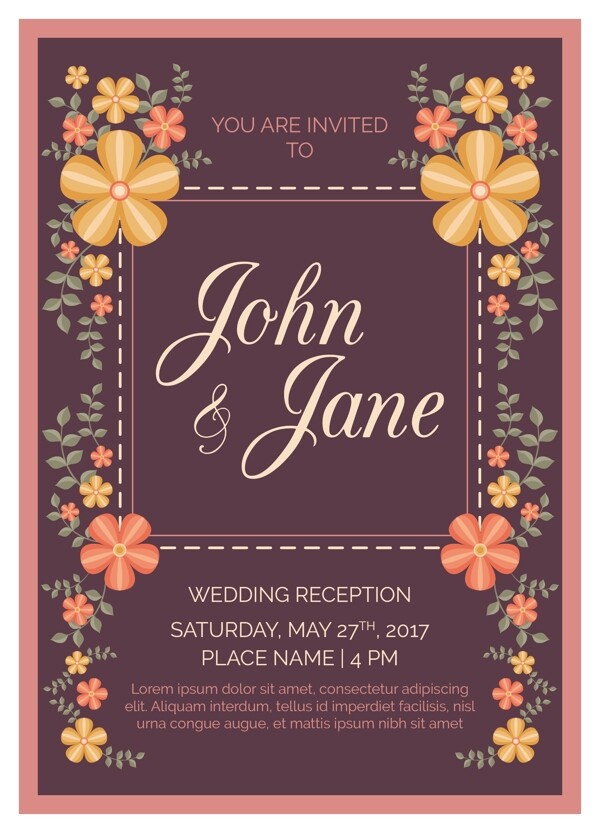 橙色调鲜花边框紫色背景婚礼邀请卡