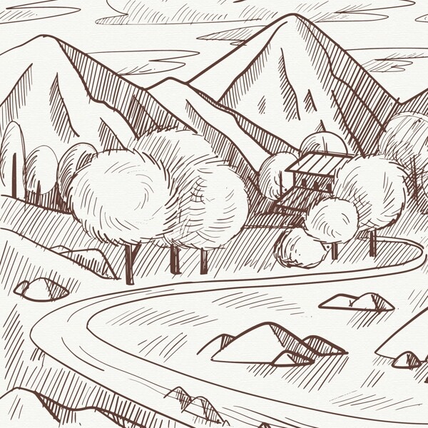 手绘素描山谷山路插图
