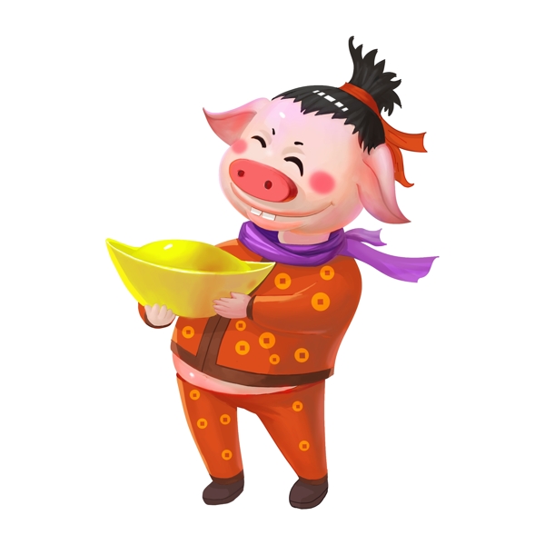新年小猪之小猪财神派元宝喜庆手绘插画