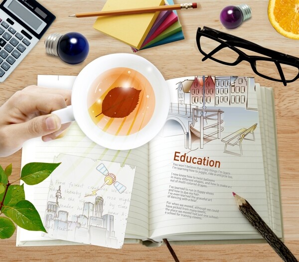 设计元素计算器书本书籍眼镜桌面书签杯子树叶绿叶画笔psd分层素材源文件09韩国设计元素