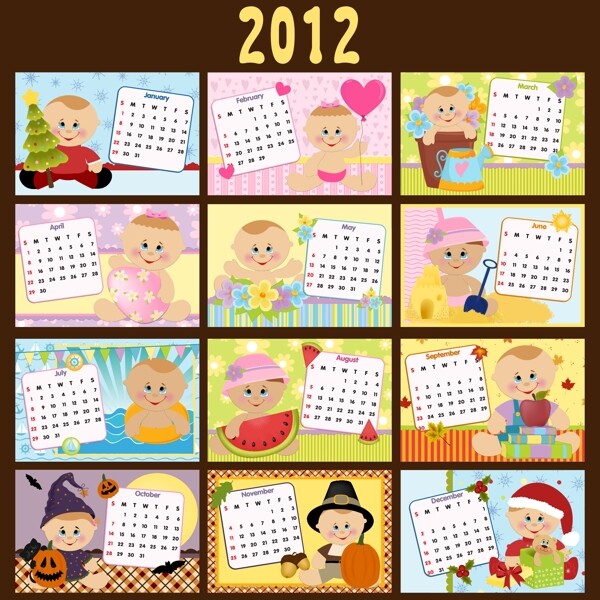 卡通宝宝与小动物主题日历模板