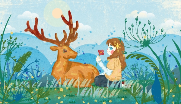 清新可爱春天草地中的少女与鹿