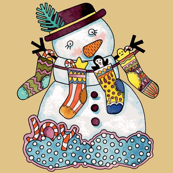 印花矢量图节日喜庆圣诞节雪人袜子免费素材