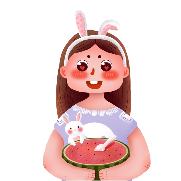 复古可爱吃西瓜的女孩和小兔子设计