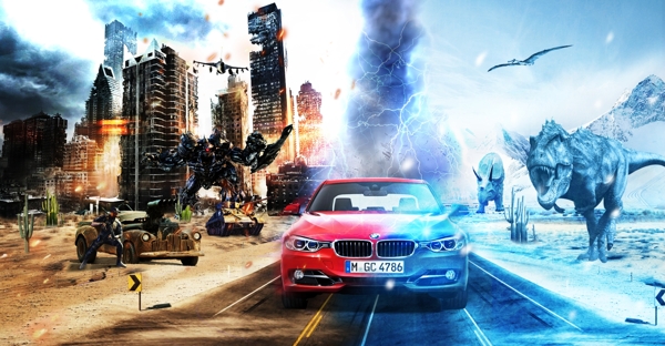 汽车合成海报电影海报战争效果恐龙素材