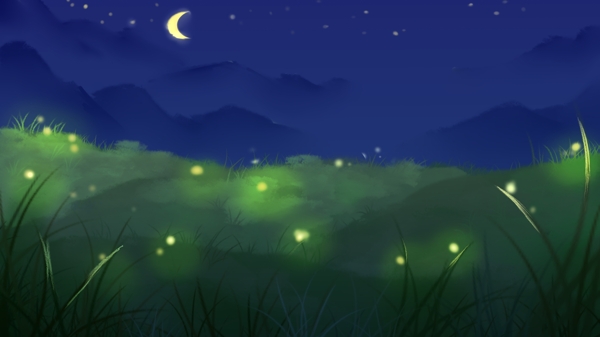 你好晚安星空下的草地萤火虫背景设计
