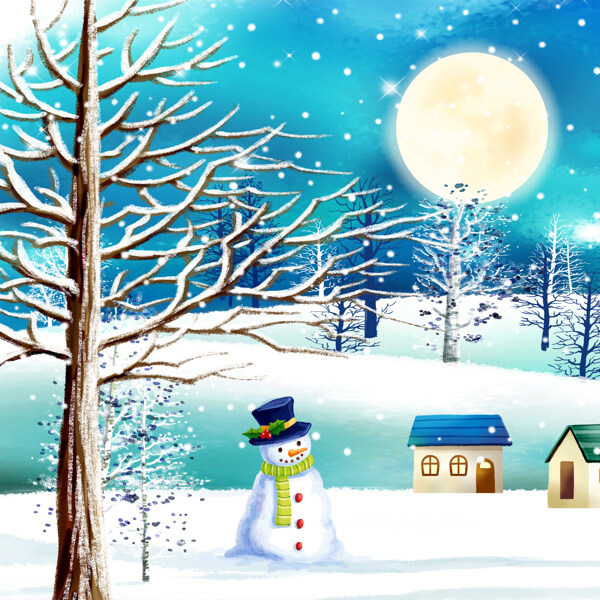 雪人与白茫茫的雪景无框画高清图片