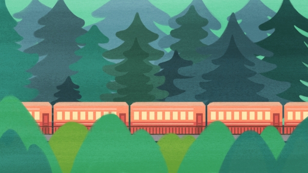 原创插画坐火车树林中旅行