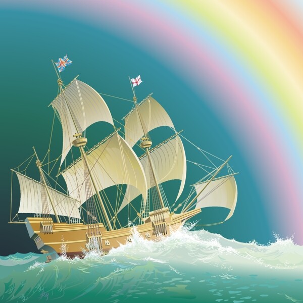 4个美丽的旧船航行的大的波矢量的彩虹