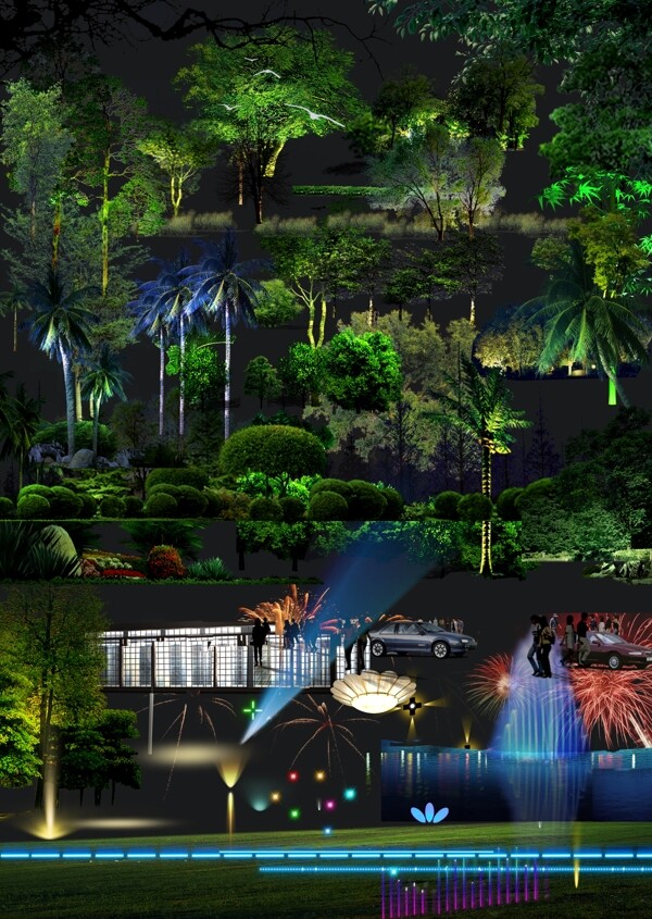 园林夜景树木素材图片
