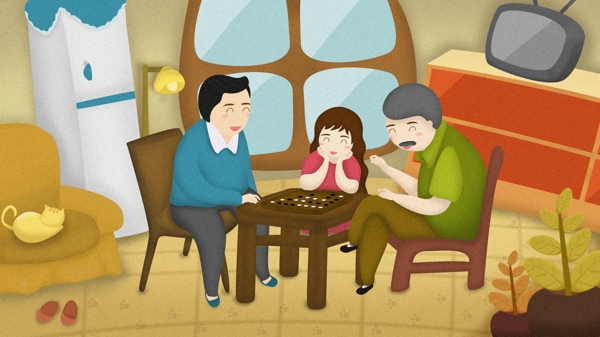 对弈下棋家人居家客厅可爱手绘插画沙发茶几
