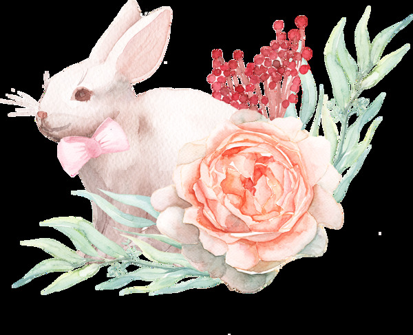 鲜花与小白兔卡通透明素材