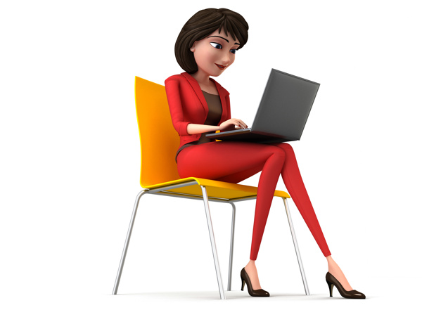 椅子上拿着电脑的卡通女人图片