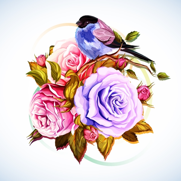 盛开的彩色玫瑰水彩手绘矢量素材