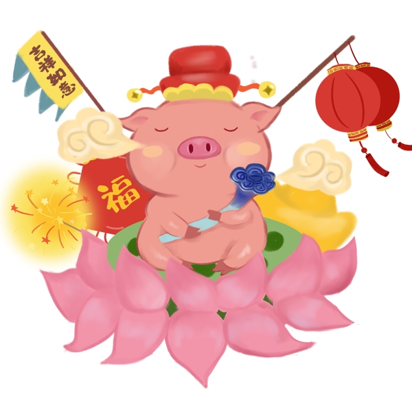 春节猪年彩色手绘贺岁猪