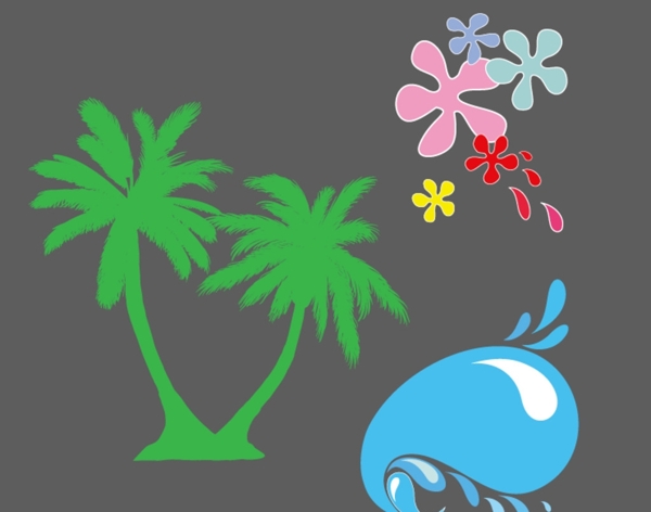卡通浪花花朵椰子树