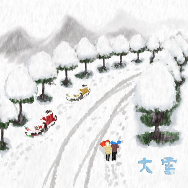 现代水墨卡通手绘雪景