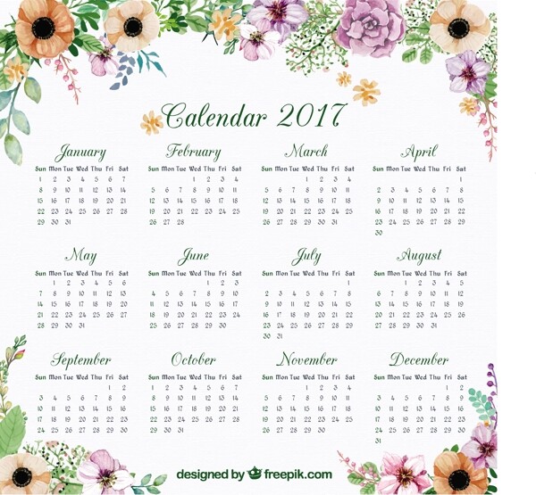 2017月历与花卉水彩装饰