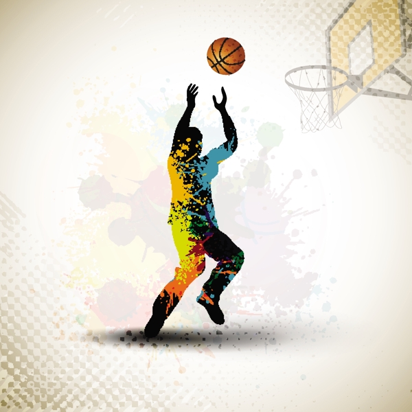 在丰富多彩的闪亮的摘要蹩脚的背景EPS10法院球练习篮球运动员的插图