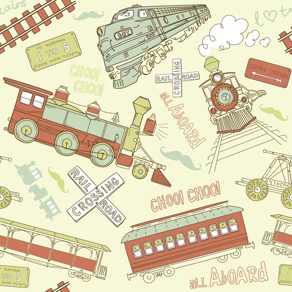 老式火车和铁路的涂鸦采集模式