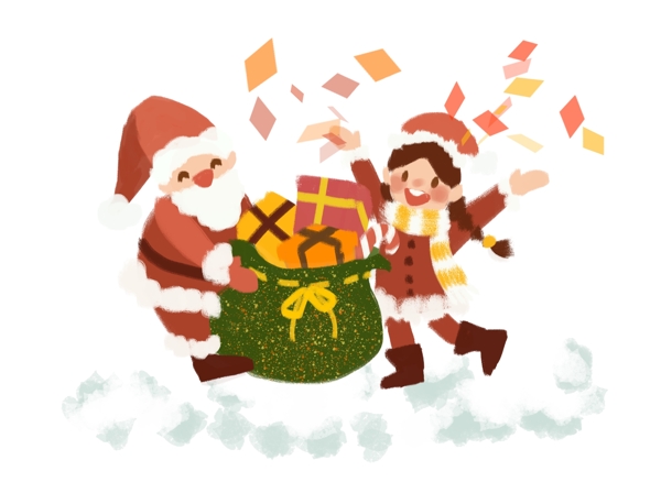 圣诞节手绘卡通可爱圣诞老人女孩发礼物雪地庆祝
