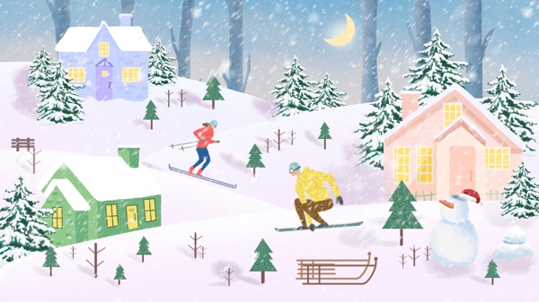 立冬二十四节气滑雪治愈手绘插画