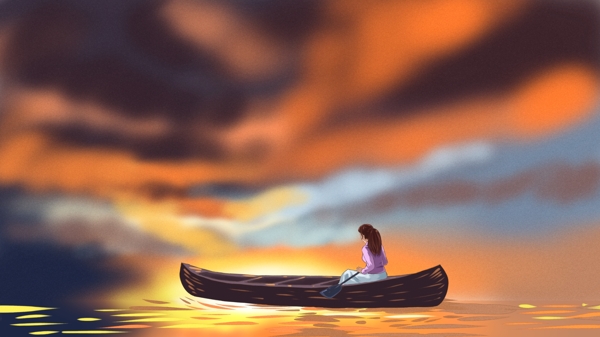 霓虹天际下孤单划着小船的少女原创插画