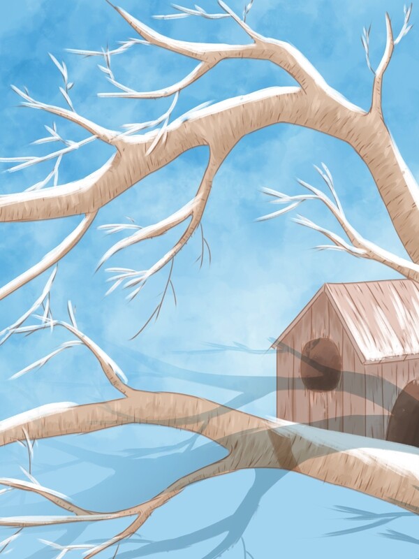 手绘蓝色树枝小屋背景设计