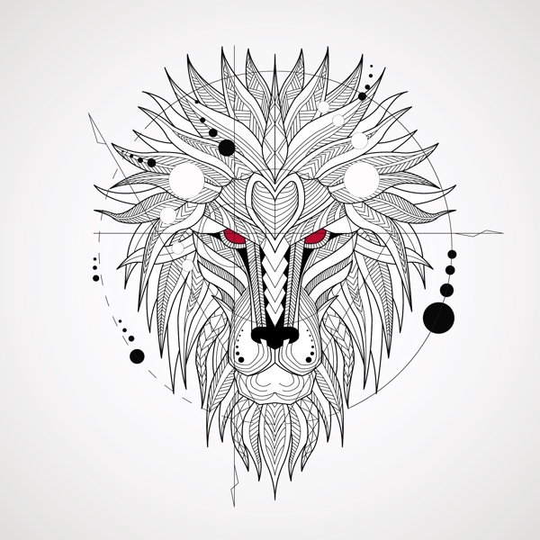 手绘几何装饰图案狮子头插画