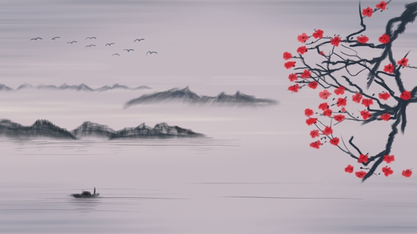 中国风山水墨画梅花传统节日插画海报