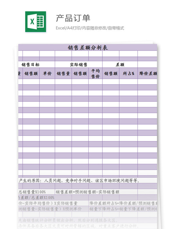 产品订单excel模板表格
