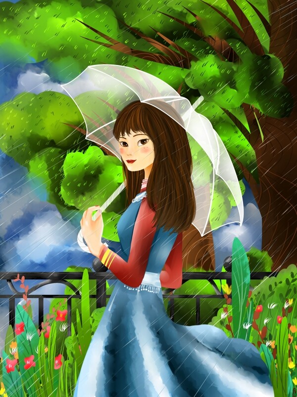 清新春天打伞女孩谷雨节气插画