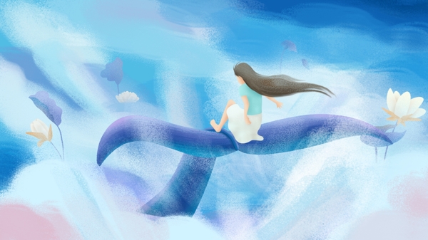 原创手绘插画蓝天白云大海与鲸女孩
