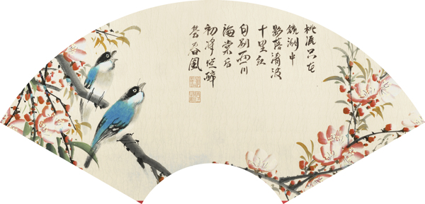 新中式装饰画扇形花鸟画山水