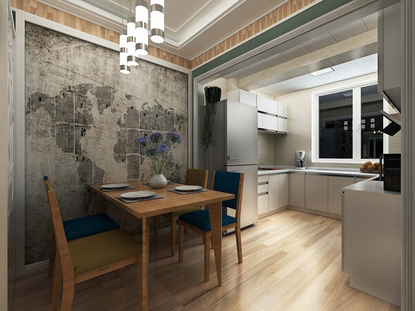现代美式风格开放式厨房餐厅装修效果图