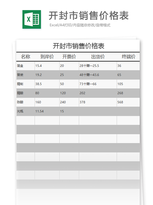 开封市营销价格表excel模板