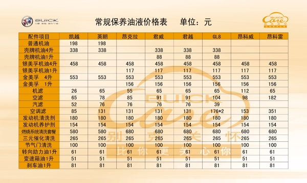 别克保养油液价格表