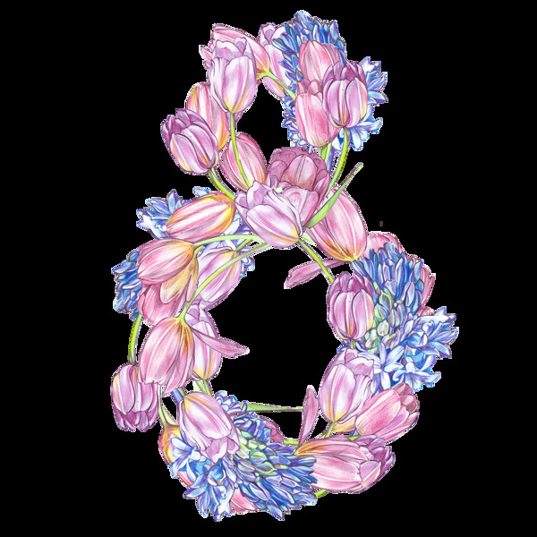 彩色手绘8字形状花卉花环png透明素材