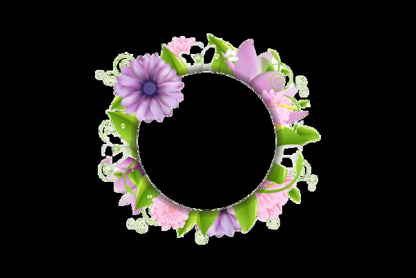 彩绘紫色菊花圆环边框png元素