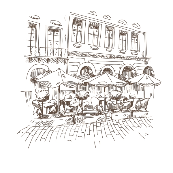 单色手绘咖啡厅建筑插画