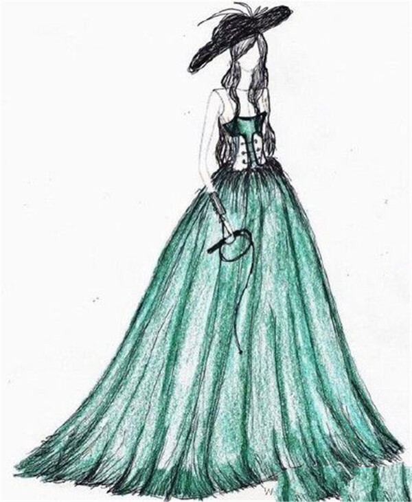 绿色吊带长裙礼服设计图