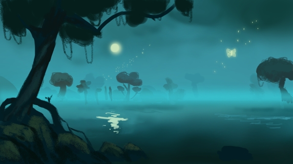 夜空树林湖面背景素材